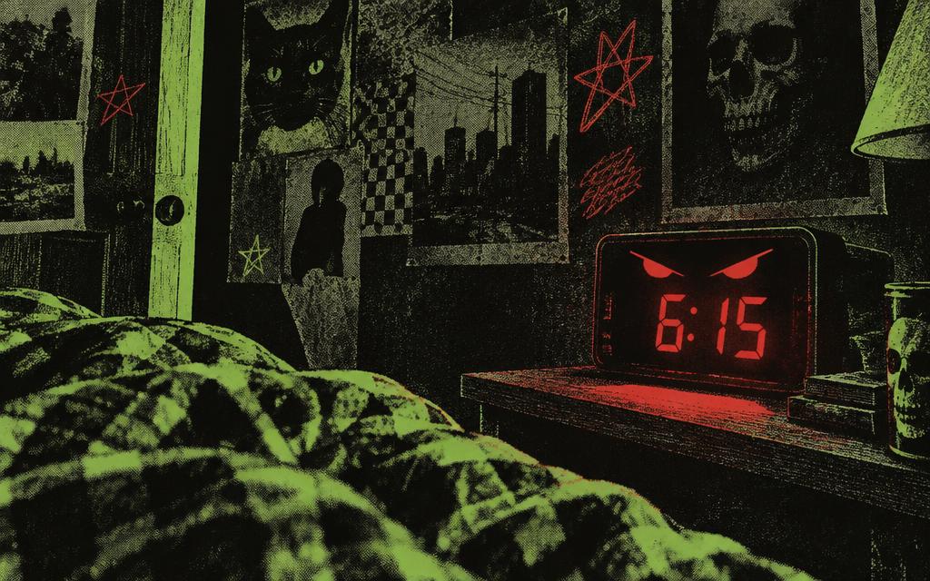 Glowing red alarm clock reading 6:15 in a dark bedroom